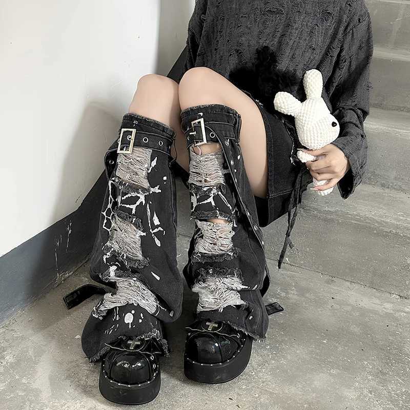 Other Fashion Accessories REDDACHiC Retro Gray Destroyed Leg Warmers Women Belted Frayed Silver Glitter Knee Long Denim Boots Cover Lolita Gothic Clo 