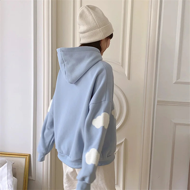 Autumn Winter Women Blue white cloud Hoodie Thick Warm Female Fleece Hoodies Oversize Sweatshirt Top Ladies Hooded Top coat 240920