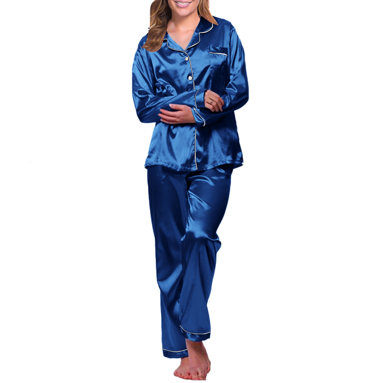 2024 New Women's Silk Satin Pamas Pajamas, Autumn Long sleeved Top, Pants Set, Casual Wear, Pajamas, Dazzling Women