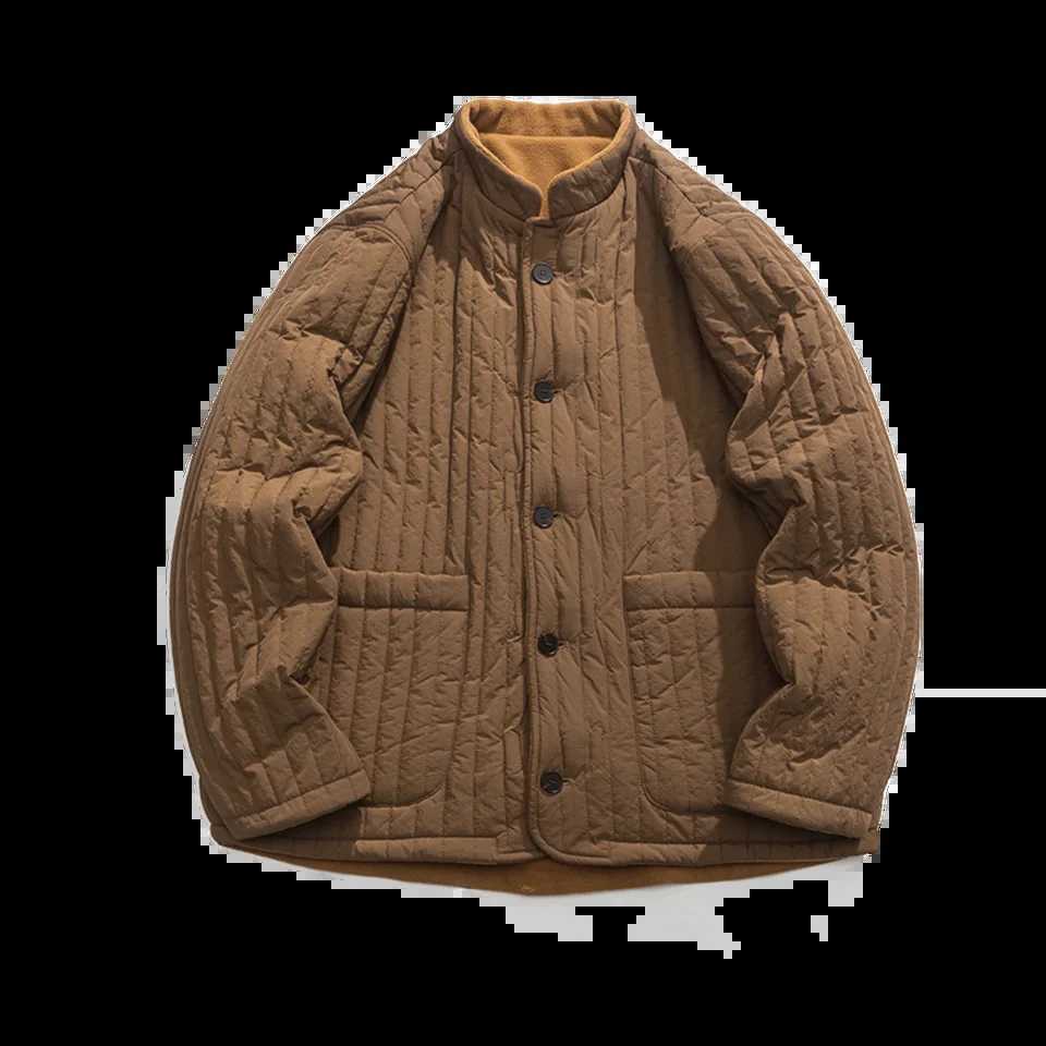 Retro bedding cotton Parkes mens solid color stand up collar jacket Chinese style Harajuku plush couple jacket worn on both sides Y240925