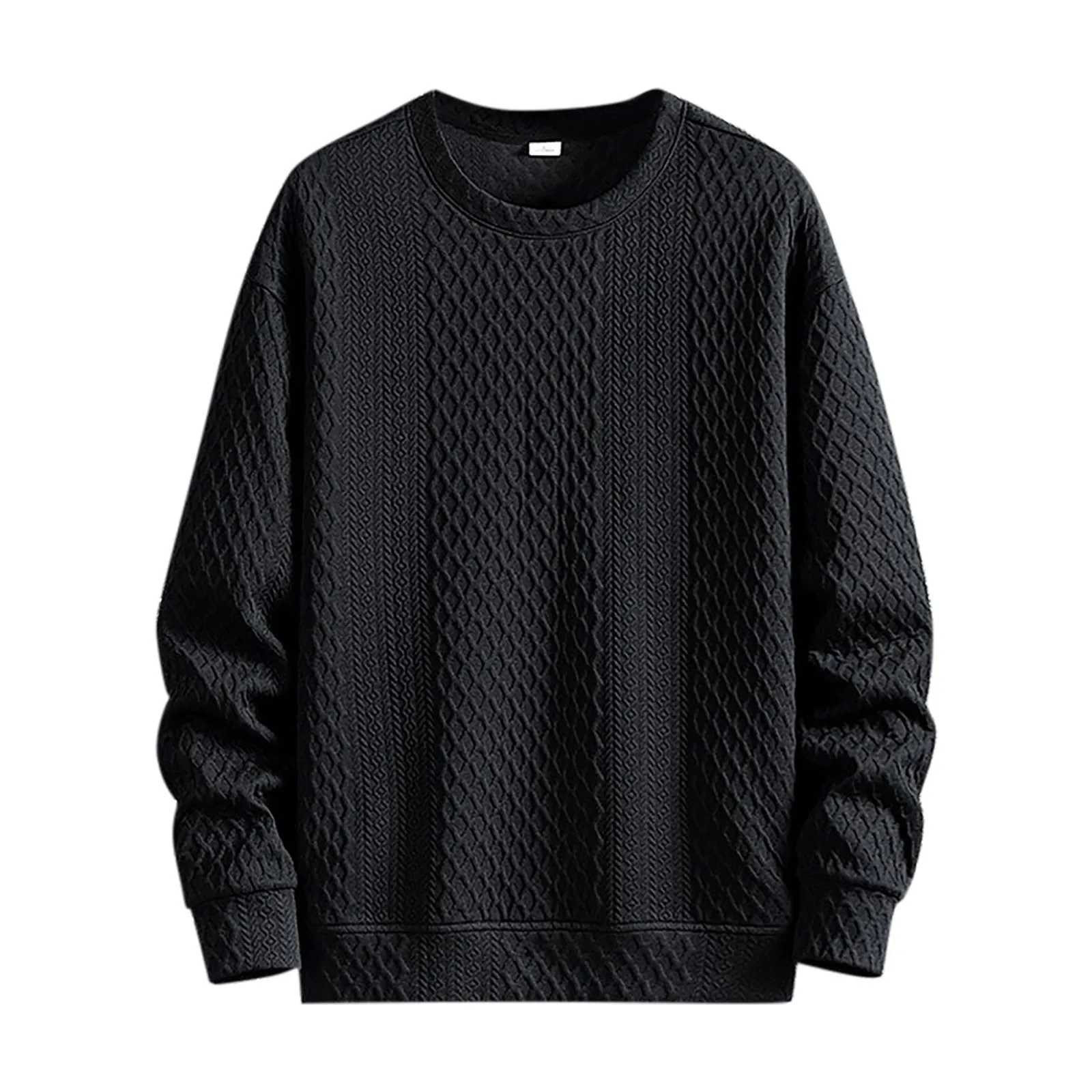 Hoodless Sweatshirt For Men Solid Color Loose Round Neck Jacquard Hoodless Long Sleeve Hoodie Casual Knit Jacquard Active FleeceX240925