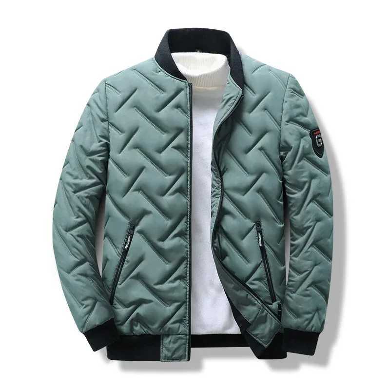 New mens apron quilted jacket solid color long sleeved collar fashionable zipper jacket autumn and winter warm mens clothing Y240925