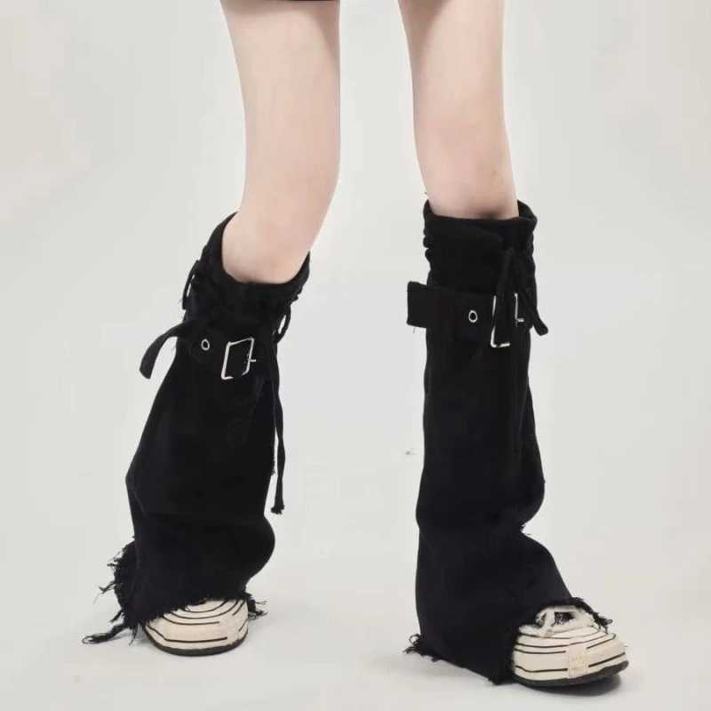 Other Fashion Accessories New Fashion Cool Thin Black Denim Leg Covers Vintage Drawstring Strap Punk Cross Design Horn Stacked Socks Womens Leg Warmer