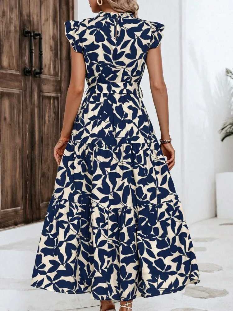 Elegant Womens Flower Midi Dress New Summer Fashion Stand Collar Flying Sleevel Lace Up Dress Casual Beach Holiday Dresses Robe M240924