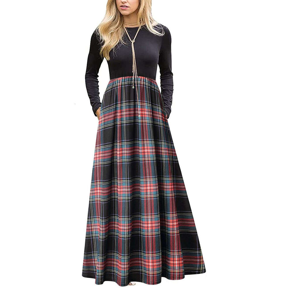 24 Spring Autumn Round Neck Splicing Color Contrasting Grid Pattern Fashion and Leisure Big Swing Long Dress Women's Wear