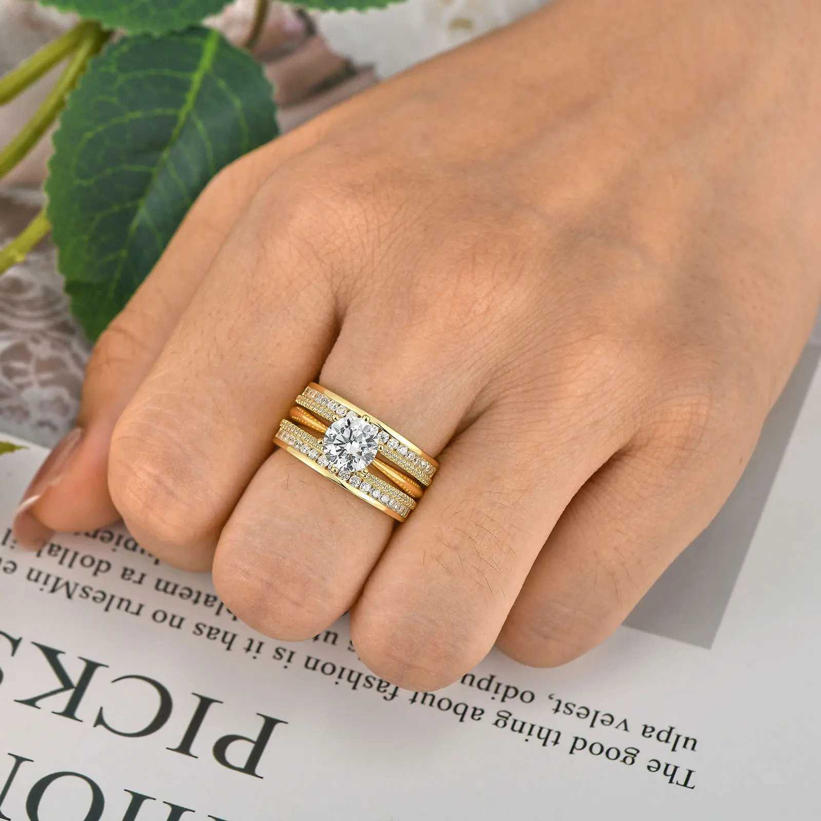 News 925 sterling silver yellow K-gold ring womens round AAAA cubic zirconia engagement ring bride enhancement set jewelry W240925