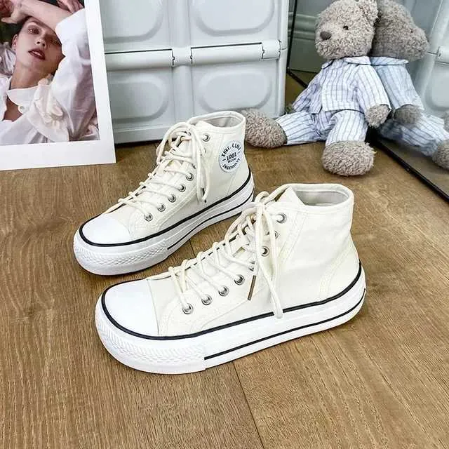 Casual New Womens Canvas 2024 Spring Lace Up Round Toe Causal Flat Shoes Student Sneakers Girls Skateboard Vulcanized Tennis Women