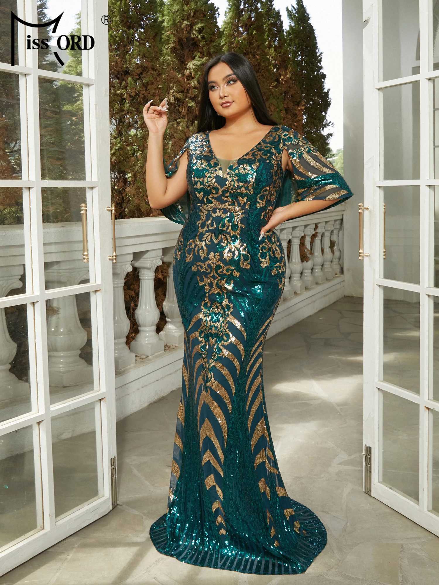 Missord New Plus Size Green V Neck Geometric Batwing Sleeve Sequin Mermaid Evening Prom Floor Length Dress M240924