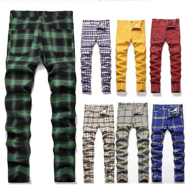 Mens Casual Plaid Pants High Stretch Straight Leg Trousers Slim Fit Small Leg Pants M240924