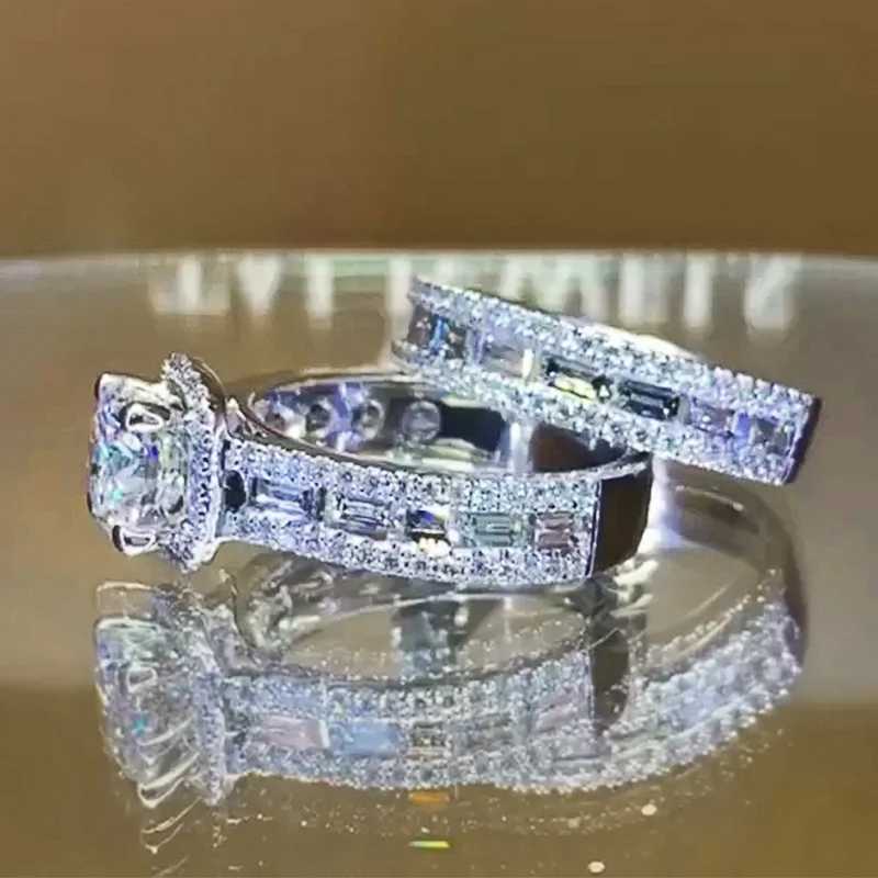 Huitan Trendy Jewelry Set Ring Womens Wedding Eternal Band Ring Double Stacked Design Luxury Silver Girl Accessories W240925