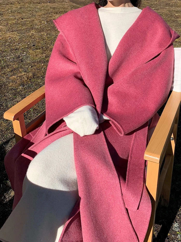 Retro Elegant Double sided Cashmere Coat for Women Autumn/Winter High quality Hooded Thickened Large Loose Wool Coat 240925