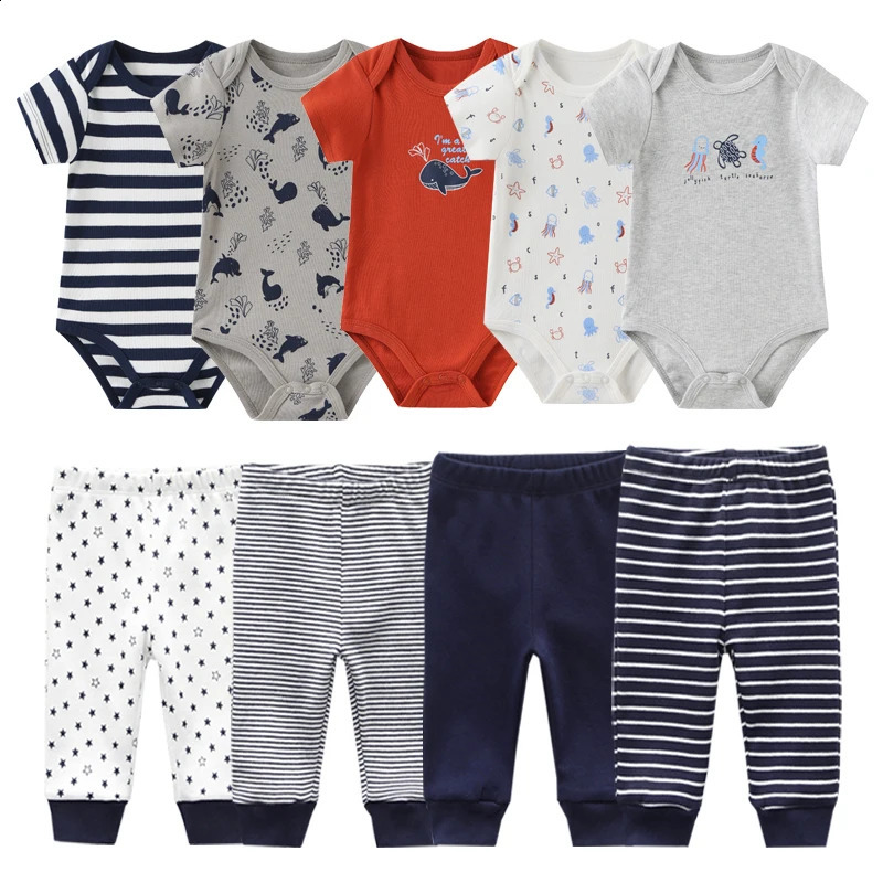 Unisex 6910 cotton bodysuitspants born baby girl clothing printed boy set short sleeved Beibei 240925