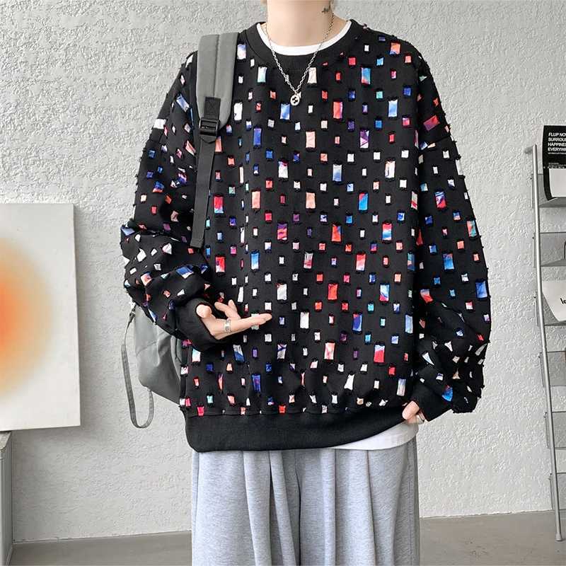 Cotton Hollow Hoodie Men Oversized Plaid Sweatshirt Men Streetwear Hip Hop Loose Pullover Hoodie Mens Round Neck Hoody M-3XLX240925