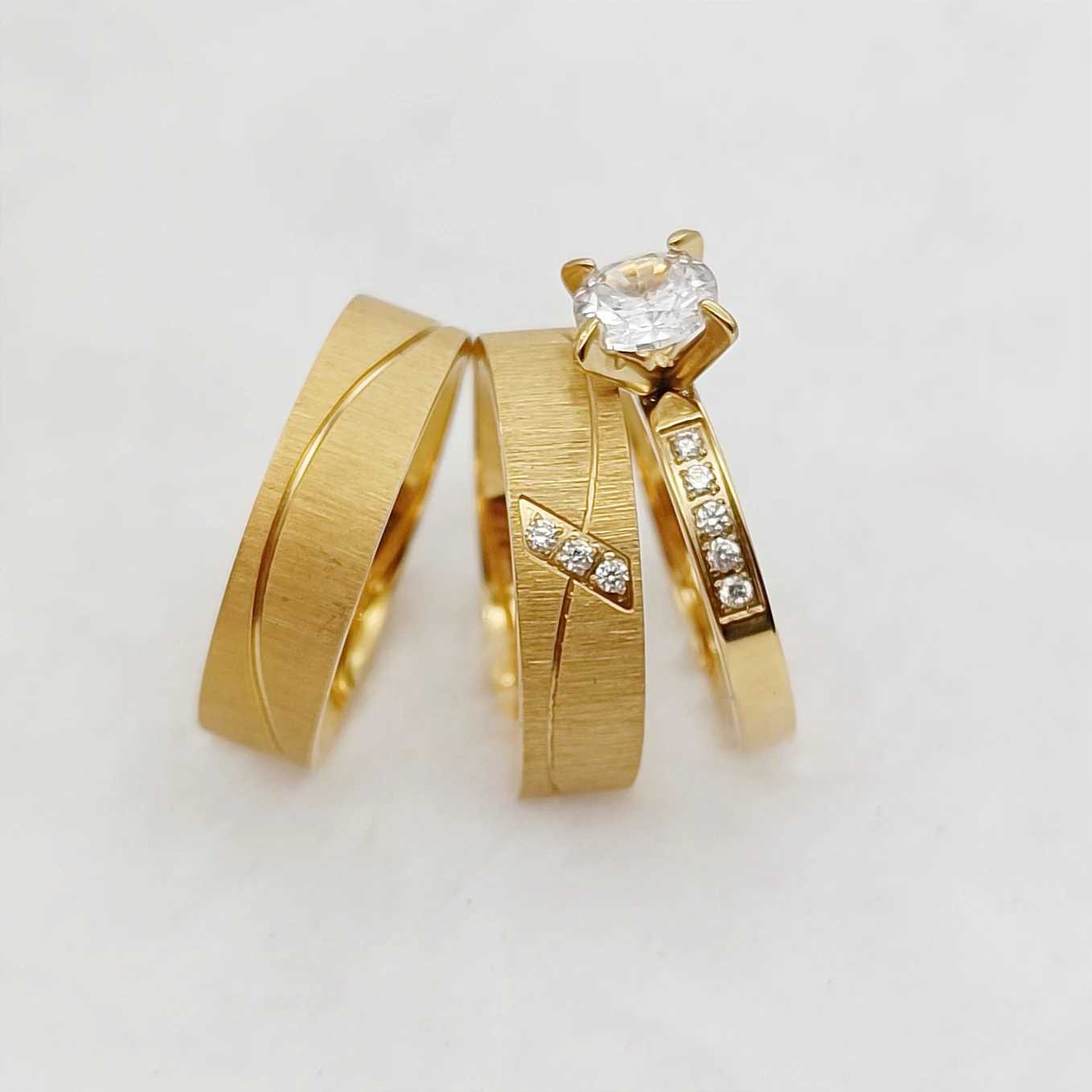 3-piece engagement ring set mens and womens 24k gold-plated jewelry wedding rings W240925