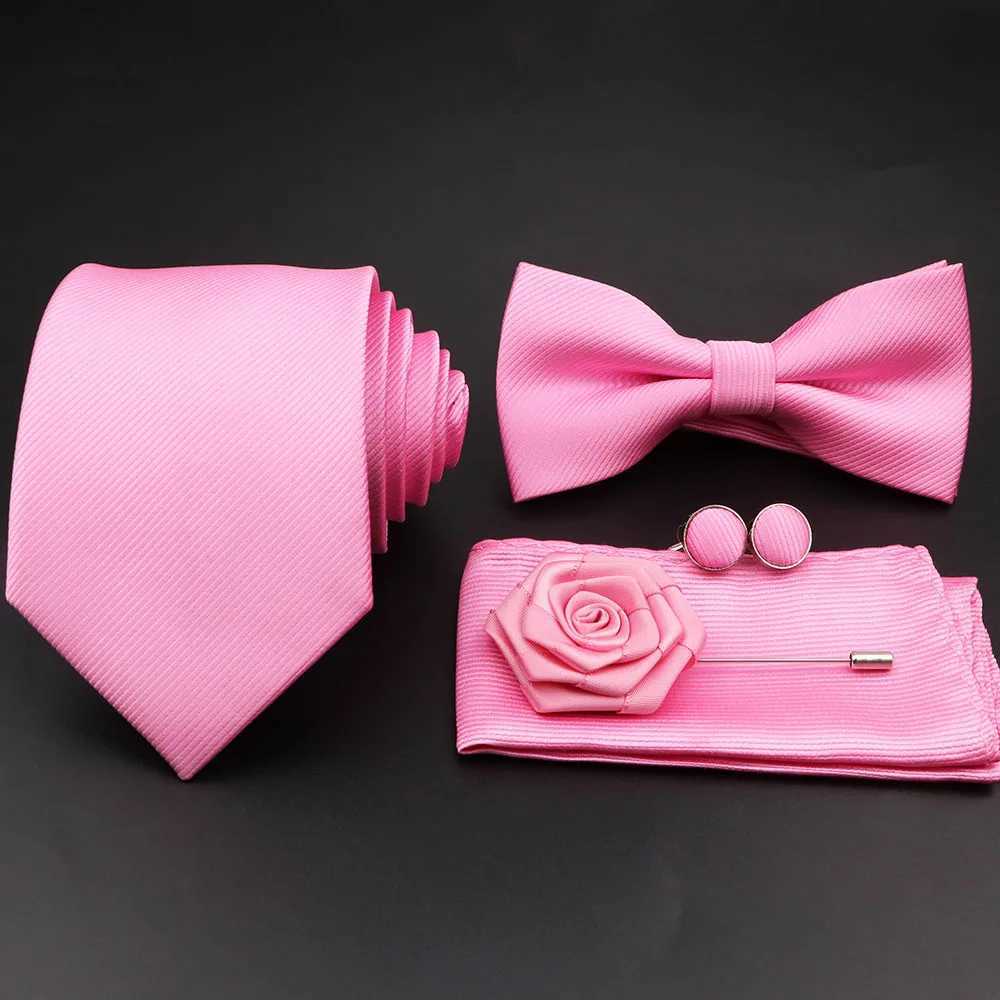 New Solid Color Striped Men Tie Set Polter Jacquard Woven Necktie Bowtie Suit Vintage Red For Gro Business Wedding Party Y240925