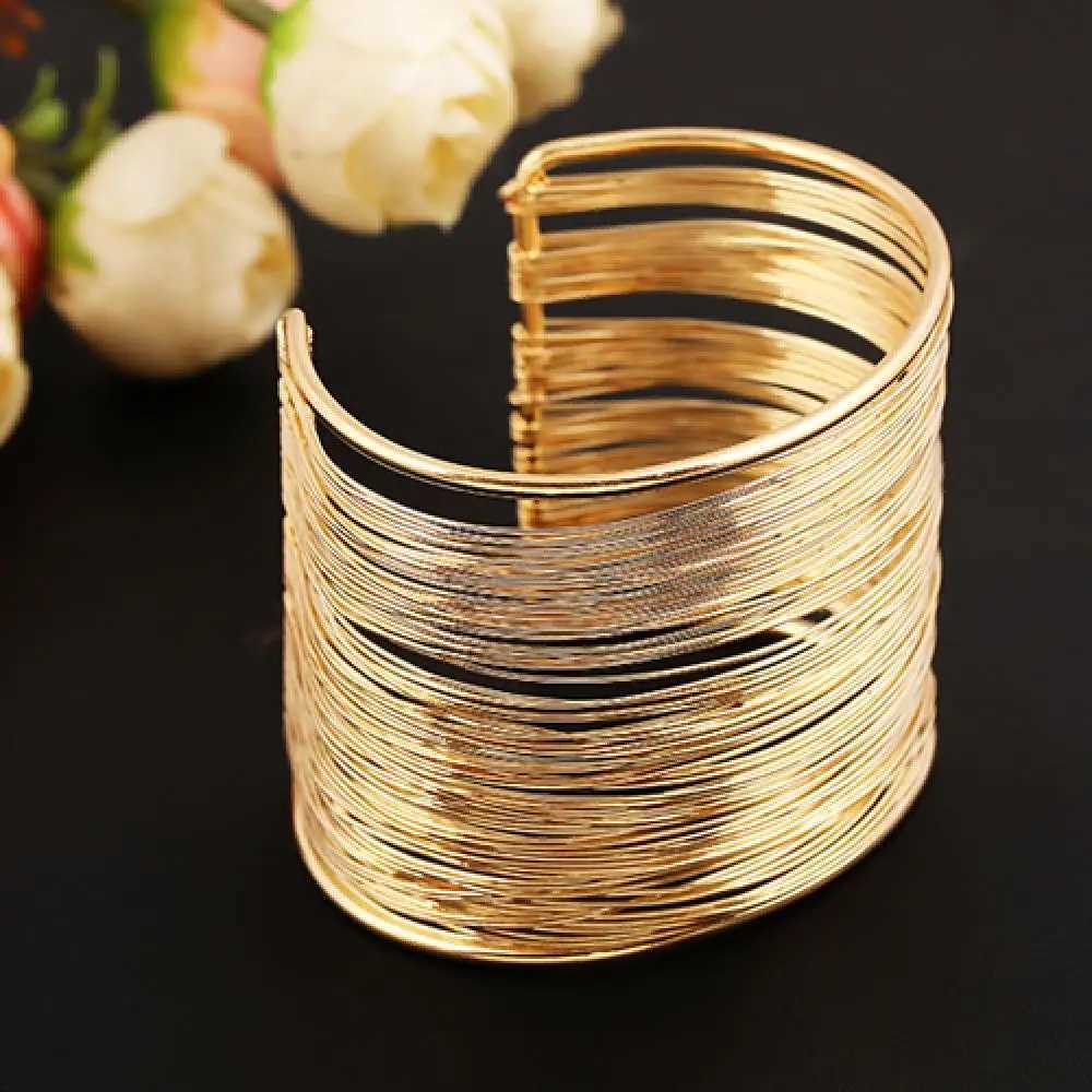 Fashion Gold Bangles Womens Multilayer Metal Wires Strings Open Bangle Wide Cuff Bracelet GiftX240925