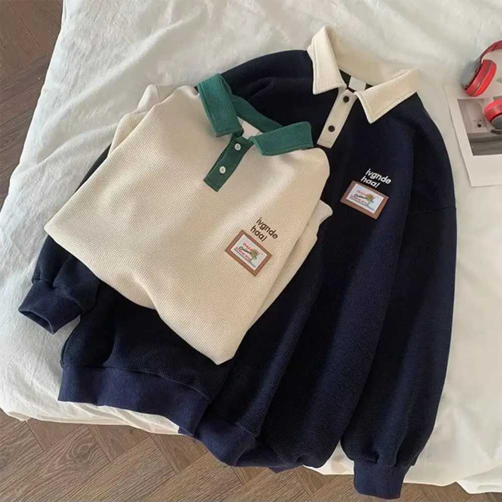 Men Spring Autumn Loose Sweatshirt Lapel Buttons Neckline Long Sleeve Pullover Tops Print Waffle Texture Sport TopsX240925
