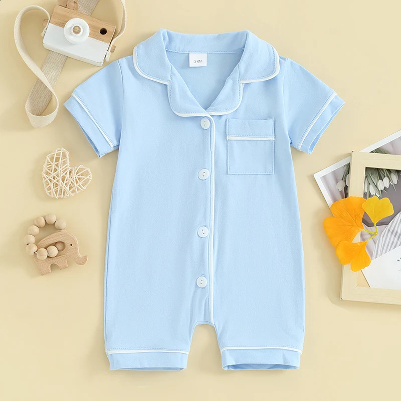 Visgogo baby pajama jumpsuit with collar short sleeved button pocket bodysuit 240925