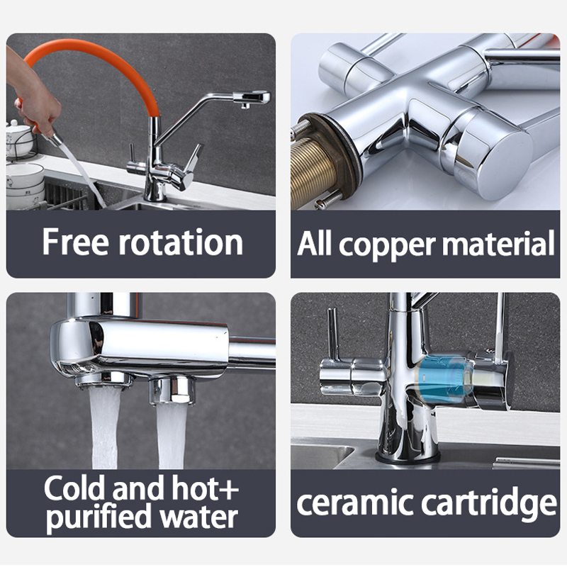 Kitchen faucet stainless steel faucet hot and cold water faucet pure water faucet 360 degree swivel universal white