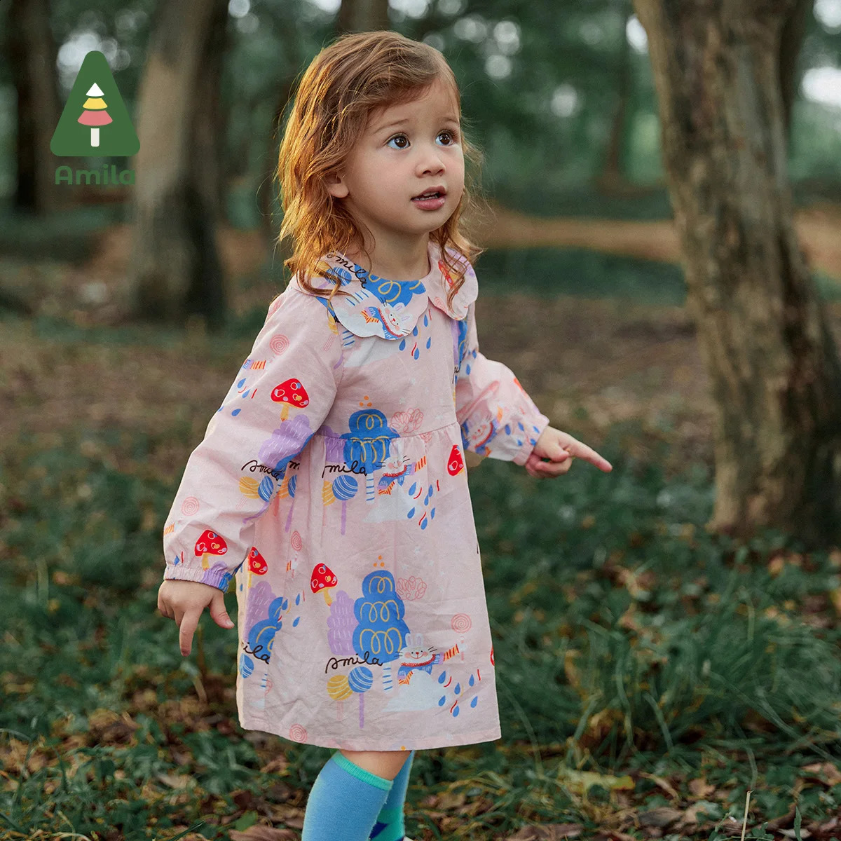 Amila Baby Girl Dress Spring Fashion Jointly Cute Full Print Rabbits 100% Cotton Pink Childrens Clothing 06 Year Old Girls 240925