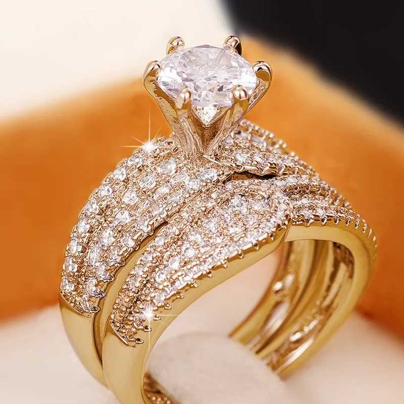 Huitan Hot 2Pcs Set Ring Fashion Jewelry Womens Silver/Gold Full Color Sparkling Ice CZ Luxury Wedding Accessories W240925