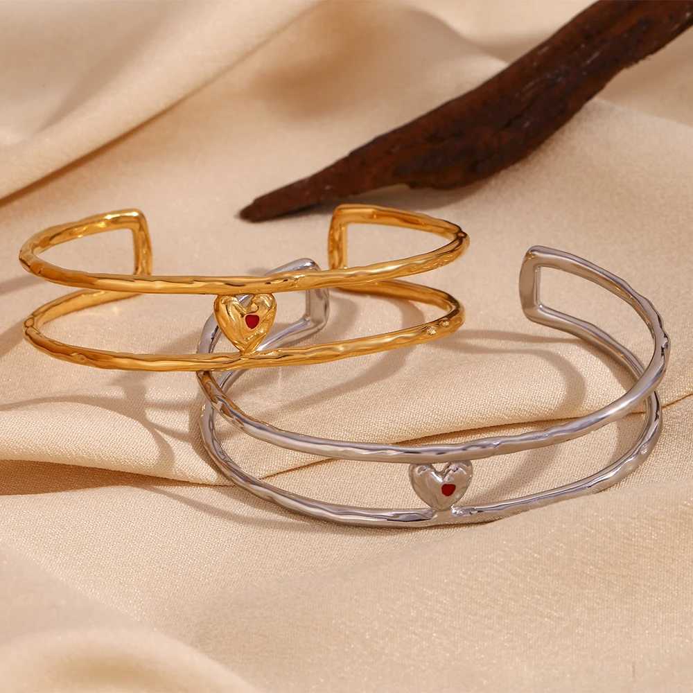 E.B.belle Double Layer Hollow Red Enamel Heart Open Bracelet 18K Gold Plated Bracelet for Women 316L Stainless Steel JewelryX240925