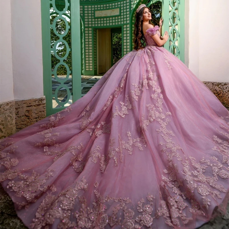 Pink Shiny Ball Gown Quinceanera Dresses Off The Shoulder Appliques Lace Beads Tull Sweet 16 Dress Vestidos De 15 Anos