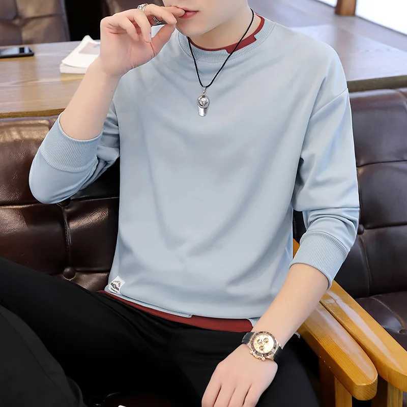 Spring Autumn Men Harajuku O Neck Hoodies Men Casual Solid Color Sweatshirt Fake Two Pullover Male Basis Streetwear SweatshirtX240925