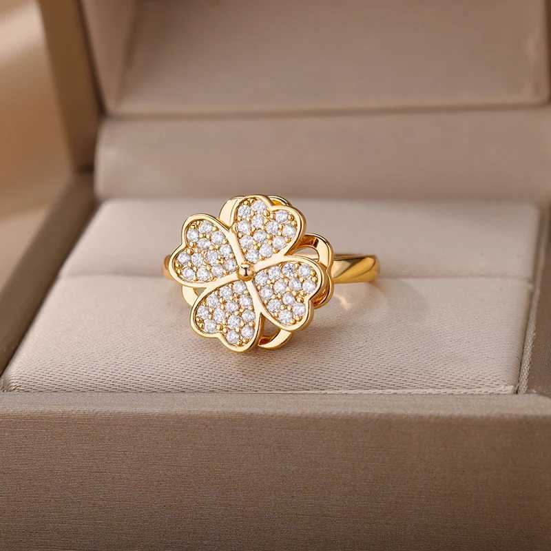Four Trifolium Rotating Anxiety Rings Suitable for Women Adjustable Stainless Steel Wedding Ring 2024 New Aesthetic Jewelry Gift Anillos W240925