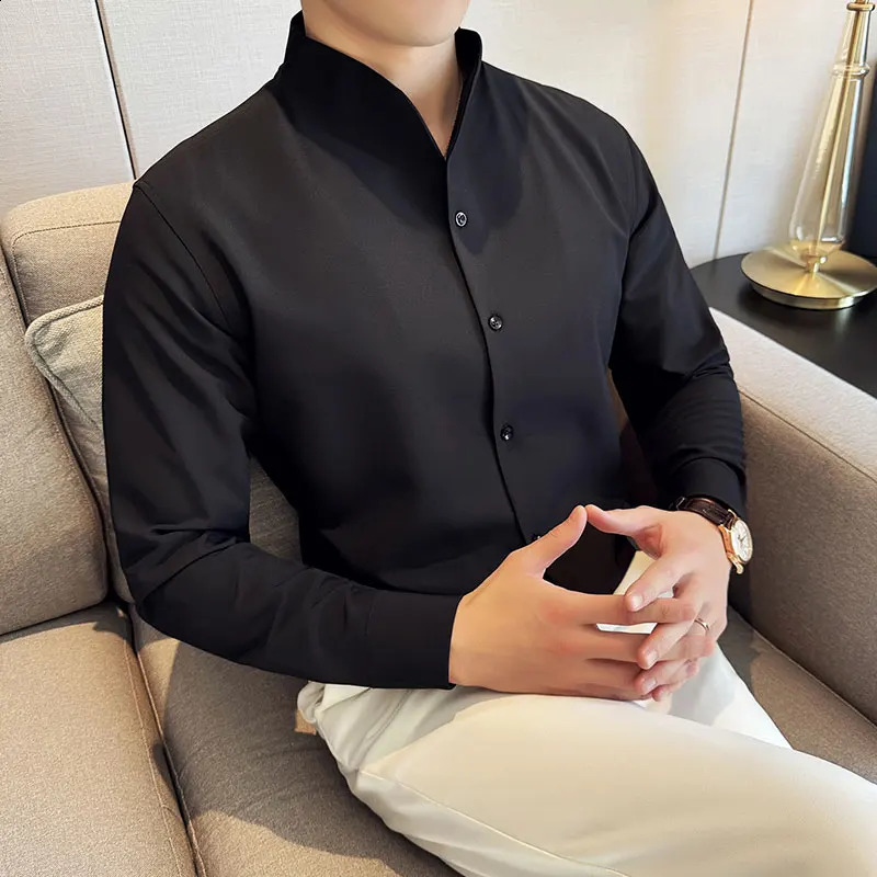 Men V-neck Shirt 2024 Spring British Style Anti-wrinkle Soft Solid Casual Elastic Slim Fit Long Sleeved Shirt Men Clothing 240924