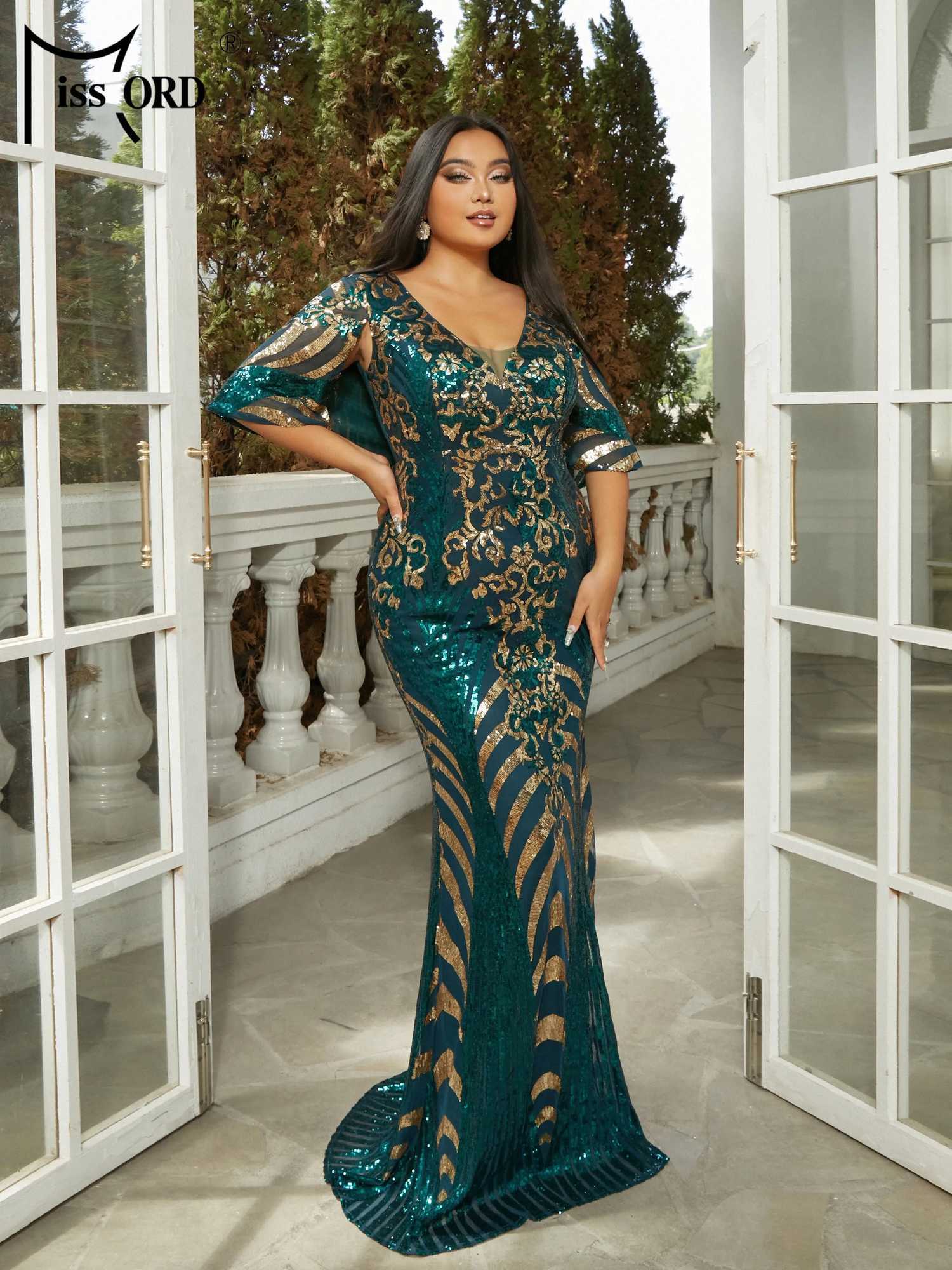 Missord New Plus Size Green V Neck Geometric Batwing Sleeve Sequin Mermaid Evening Prom Floor Length Dress M240924