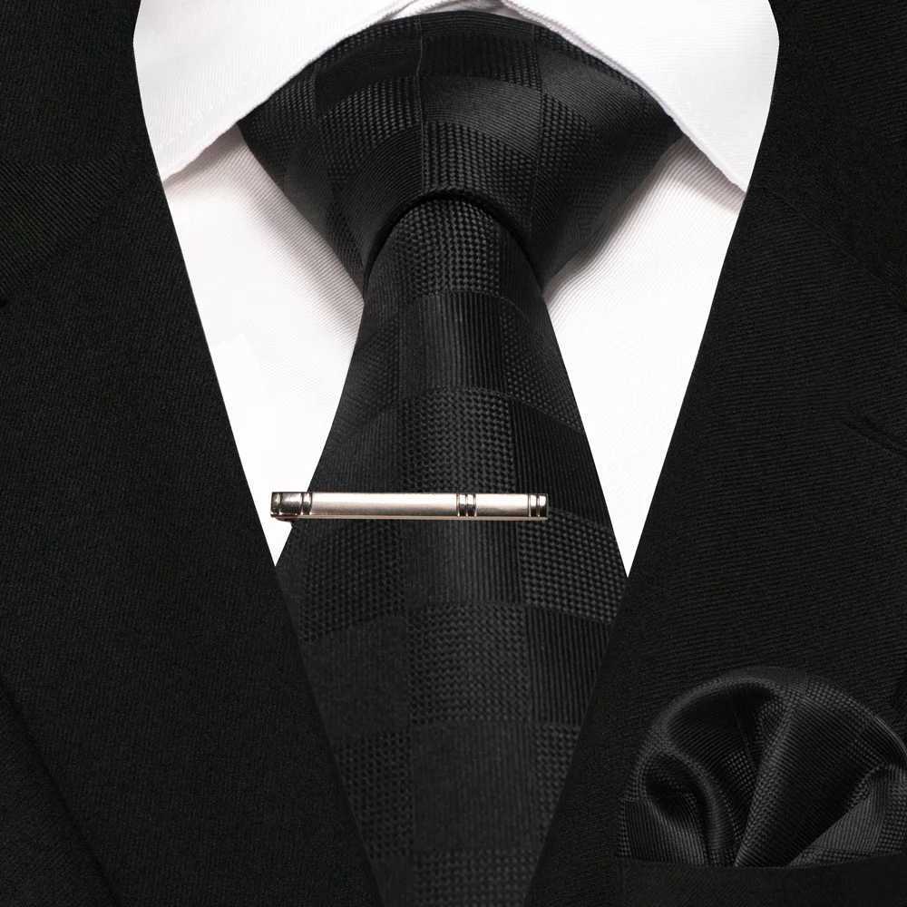JEMYGINS New Fashion Black Plaid Mens Tie 8cm Silk Business Necktie Handkerchief Tie clips set Wedding Party Tie Gift For Men X250407