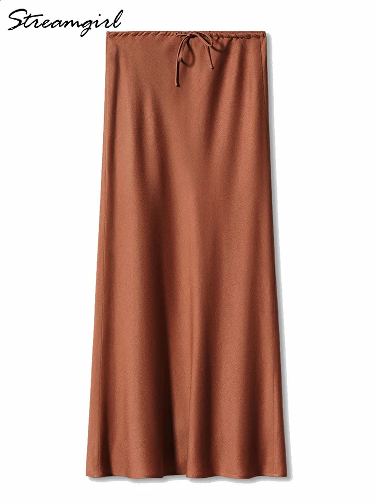 Streamgirl A Line Long Satin Skirts For Women Black Elegant High Waist Maxi Beige Skirts Silk Lace Up Long Skirt Women 240914