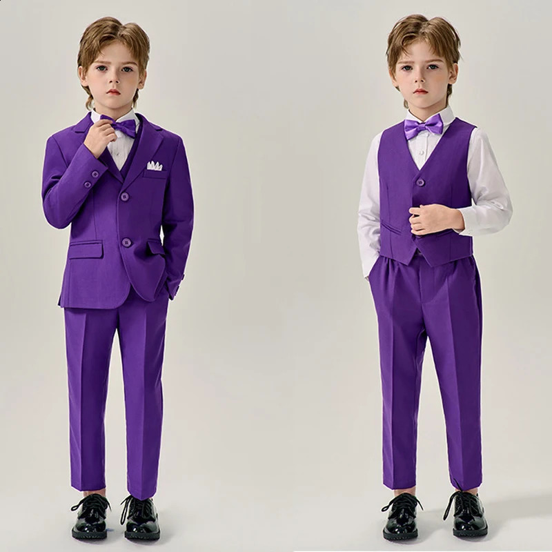 Boys Purple Formal Slim Fit Suit Set child Wedding Birthday Performance Pography Costume Kids Blazer Vest Pants Bowtie Outfit 240919