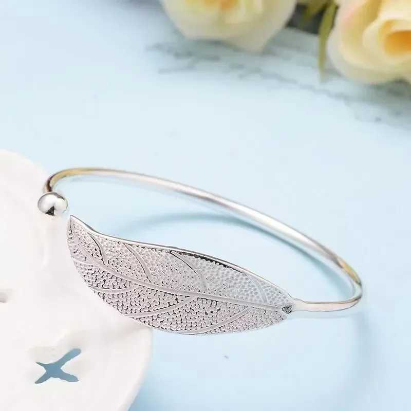 Fashion 925 Sterling Silver Woman Cuff Bracelet Open Leaf Shaped Adjustable Charm Bangle Girls Party Jewelry Christmas GiftsX240925