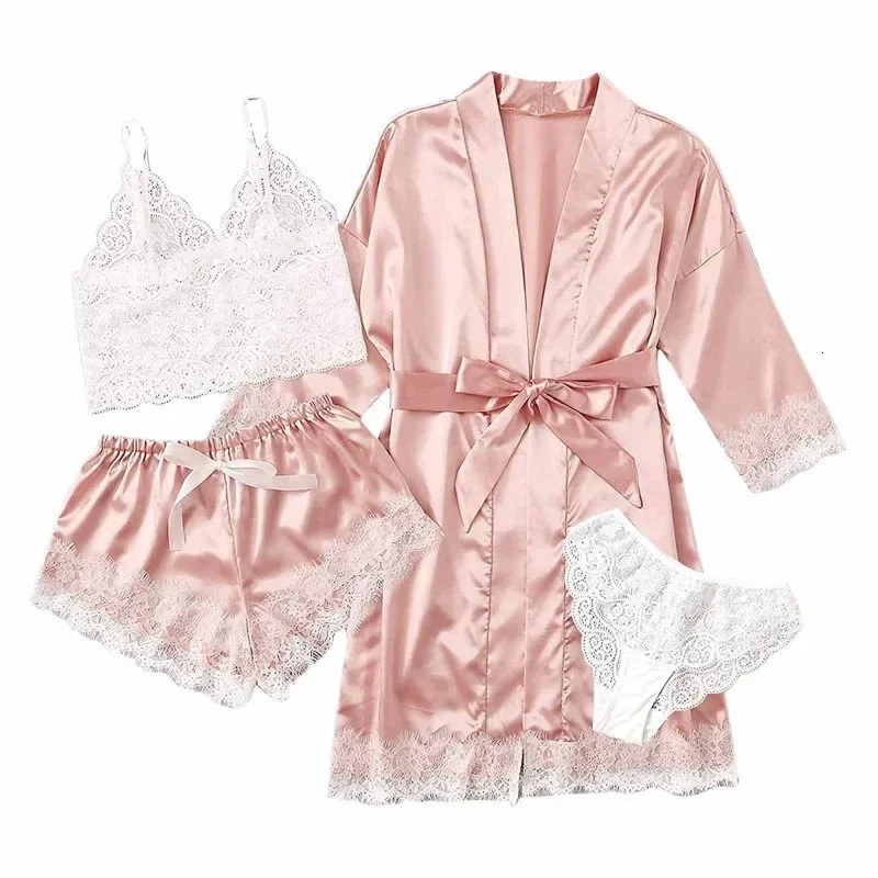 Black Sexy Women's Satin 4-piece Lace Silk Suspender Tops Shorts Robe Pamas Set Nightgown Underwear Nightdress Suit