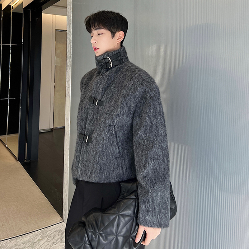 IEFB Wool Coat Trend Men's Autumn Winter Design Thickened Grey Woolen Cloth Leather Button Stand Collar Short Windbreaker 9C2080
