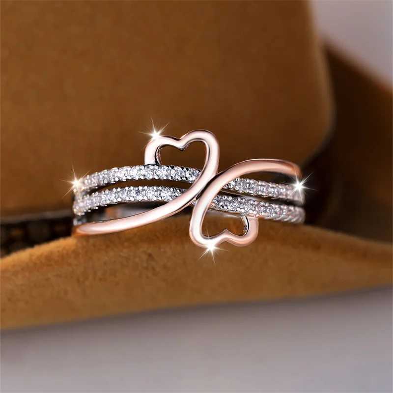 Two tone rose gold silver double heart-shaped ring suitable for women white zircon Ins Unlimited Wedding Band bridal engagement jewelry W240925