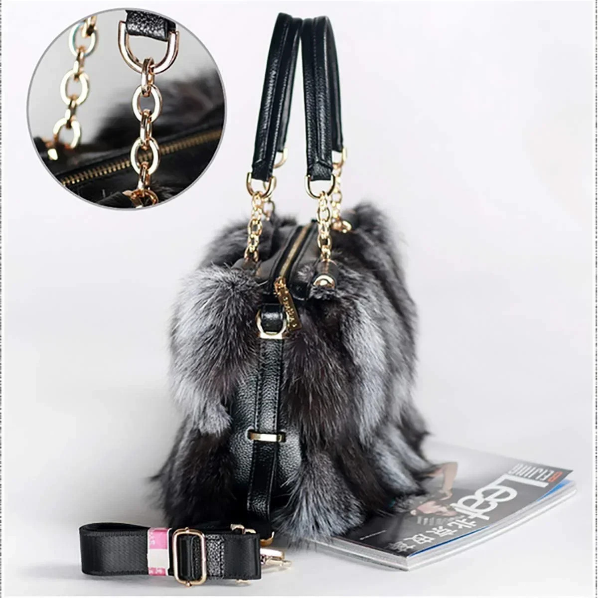Real Fox Fur Women Tote Shoulder Winter Evening Party Bag Ladies Purses And Handbags