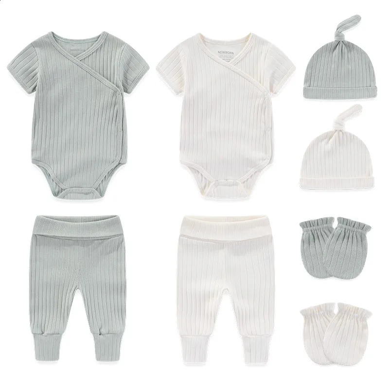 8 pieces of unisex born baby girl clothing set cotton tight fitting clothespantshatgloves boy solid color short sleeved 240925