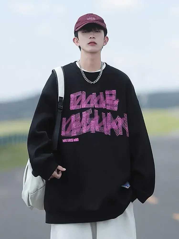 Korean style large size round neck printed pullover casual loose sweatshirt sports lazy style long-sleeved trendy brand top y2kX240925