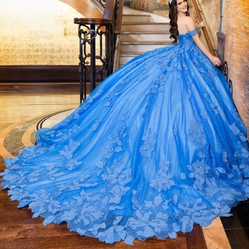 Blue Shiny Princess Quinceanera Dresses Ball Gown Lace Appliques Crystals Beads Tull Birthday Party Sweet 16 Dress Vestidos 15 De Anos