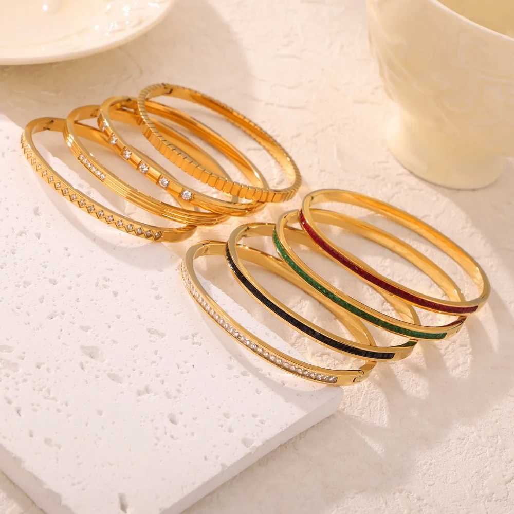 Waterproof Luxury Green Black White Cubic Zirconia Bangles Stainless Steel Open Bracelet Bangle 18k Plated Fashion Jewelry WomenX240925