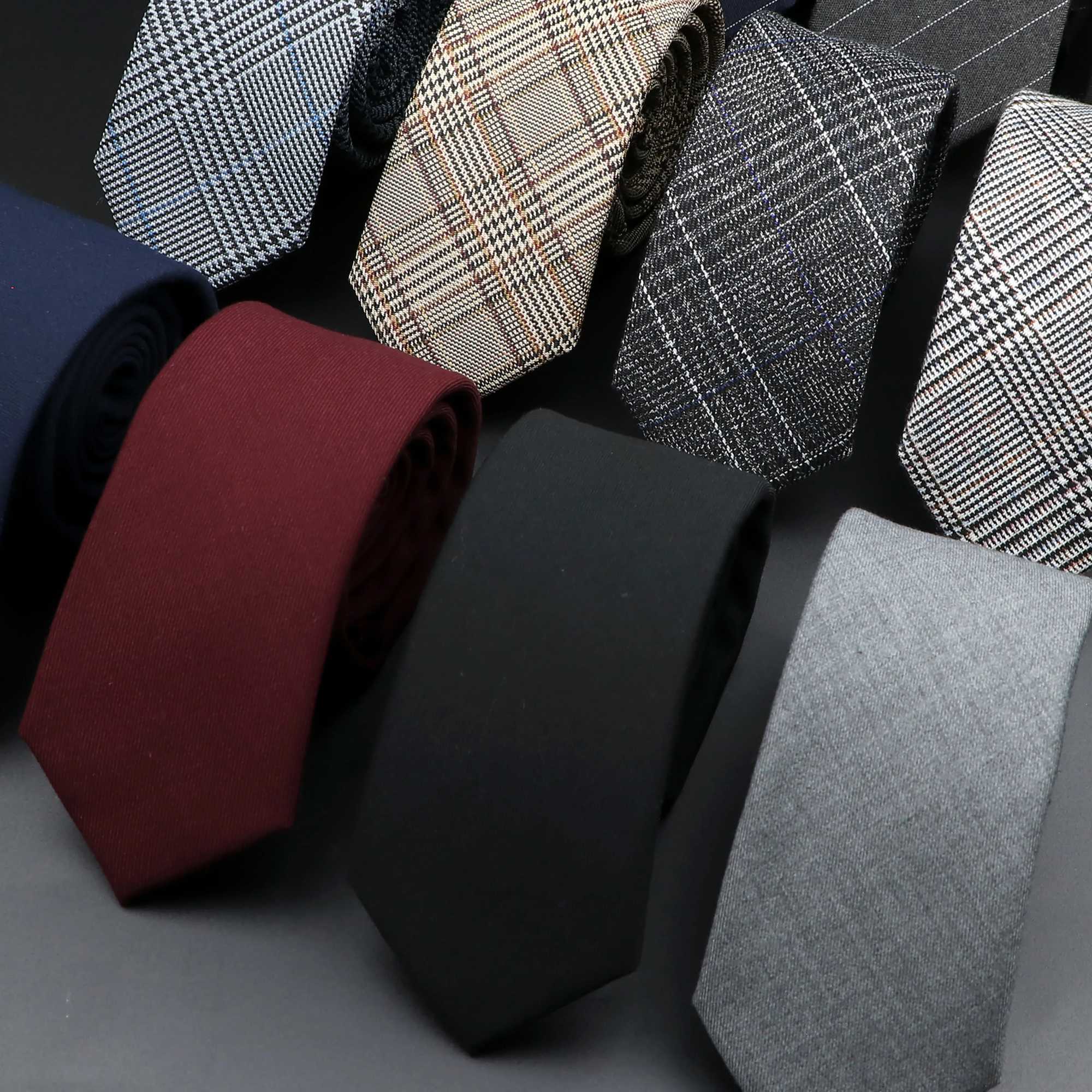 Mens classic cotton tie high-quality handmade slim fit 6CM collar solid color stripes narrow shirt accessories Y240925