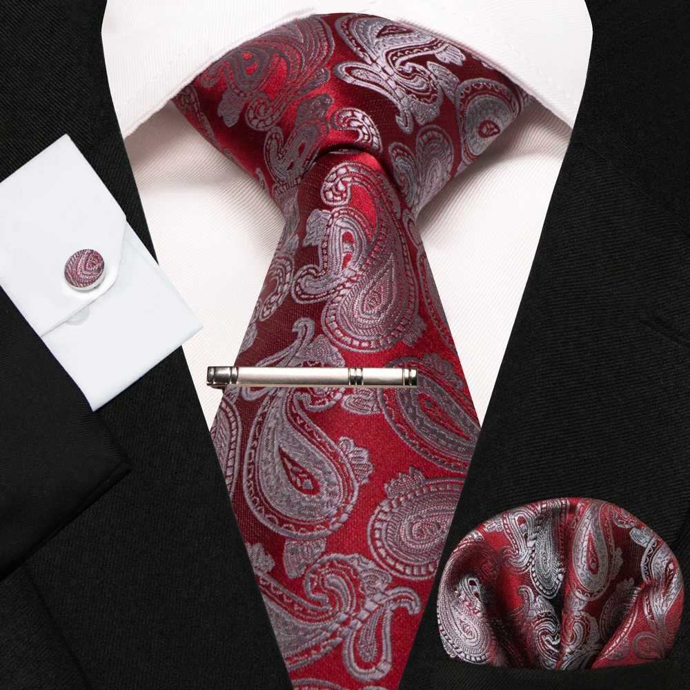KAMBERFT New Classic Silk Mens Tie Red Gold Stripe Mens Tie Handle Cufflinks Set Wedding Business Party Gravatas Y240925