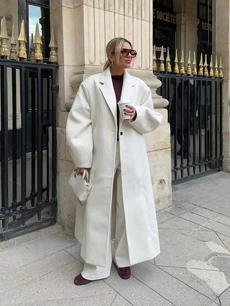 Autumn Oversized Solid Woolen Lapel Long Sleeve Coat Women Fashion One Button Overcoat 2024 Winter Lady High Streetwear 240921