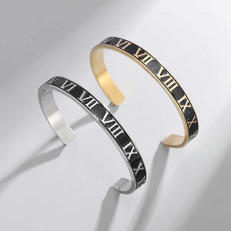 Stainless Steel Roman Numeral Open Bangles Mens Cuff Bracelet Couple Charm Trendy Jewelry GiftX240925