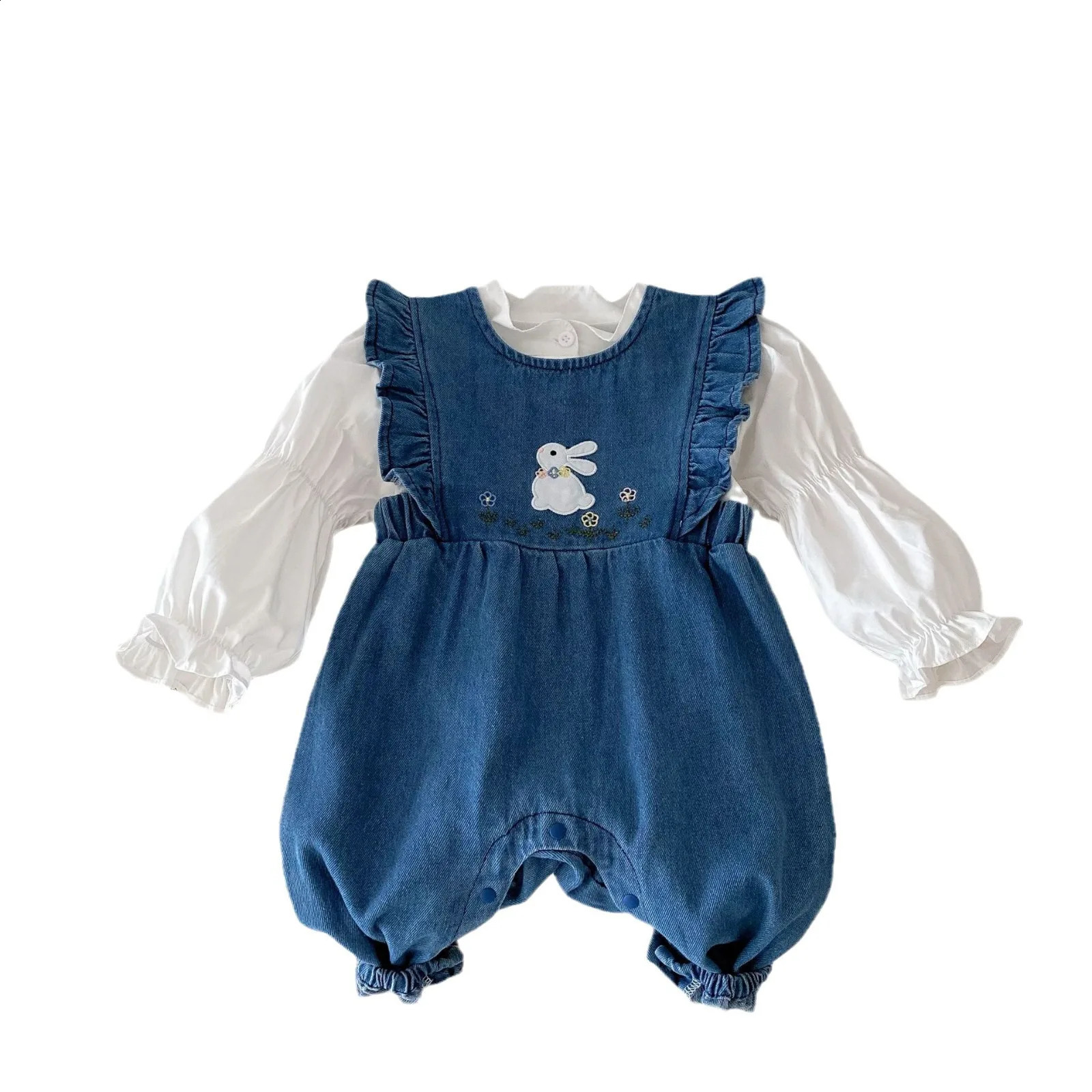 Spring and Autumn Baby Girls 2PCS Clothing Set Rabbit Embroidered Denim Flying Sleeve Tight Solid Shirt born 240925