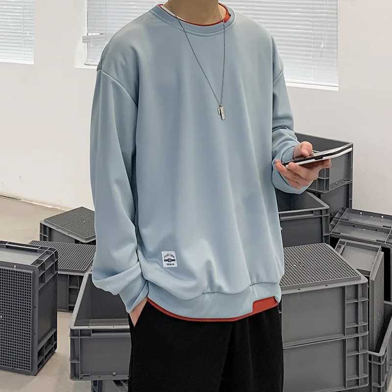 Spring Autumn Men Harajuku O Neck Hoodies Men Casual Solid Color Sweatshirt Fake Two Pullover Male Basis Streetwear SweatshirtX240925