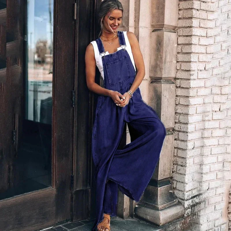Pocket wide leg suspension denim jumpsuit womens full set denim BibSquare neck daily fit sleeveless for summer and autumn 240925